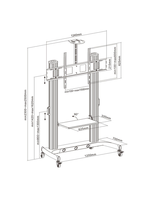Wolff Mount Grouss universell verréckelbar Presentatiouns-Halterung|Maximal 150KG|Écrane bis 110 inch|VESA 600x400