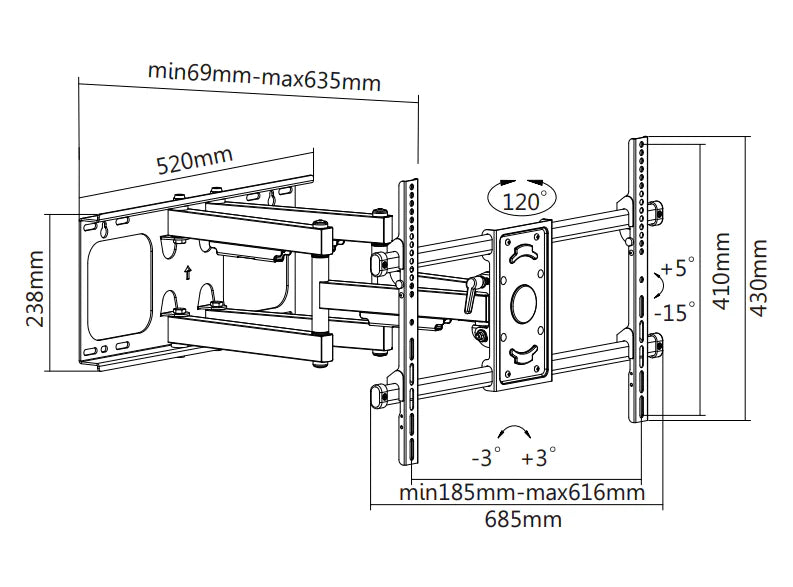 Wolff Mount Starke TV-Mauerbriet 37 bis 90 inch|63 cm vun der Mauer ewech|Dreebar|bis 60 Kilo|VESA 600x400|Universell