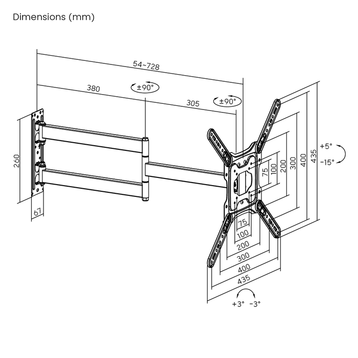 Wolff Mount universell laang TV-Beugel fir Ekranen bis 65 inch (73 cm aus der Mauer) mat VESA 400x400