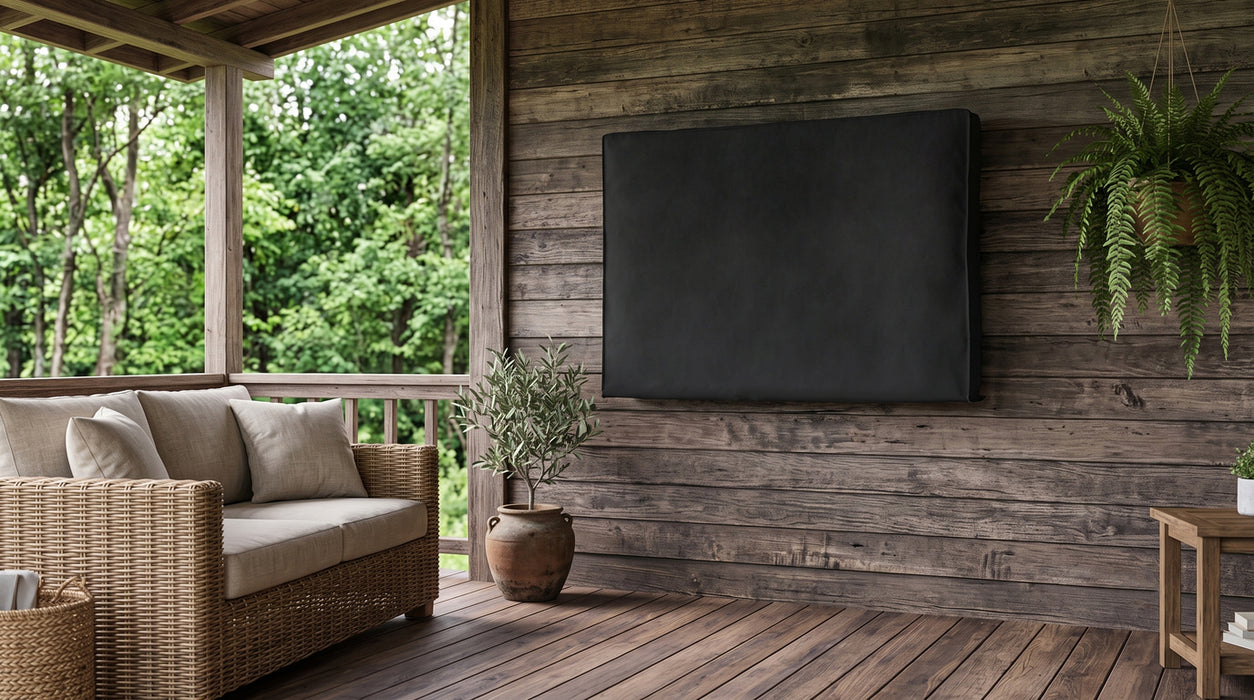 TV-Schutzhooss fir dobaussen | 50" - 52" | Exzellent Qualitéit Oxford-Stoff | Eegen Täsch fir Fernbedienung | Schwaarz