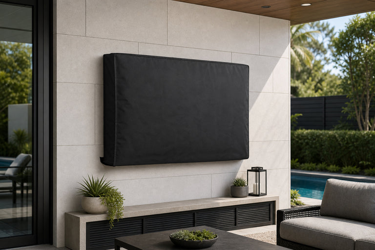 TV-Schutzuewerzuch fir dobaussen|60" - 65"|Exzellent Qualitéit Oxford-Stoff|Separat Fach fir Fernbedienung|Schwaarz