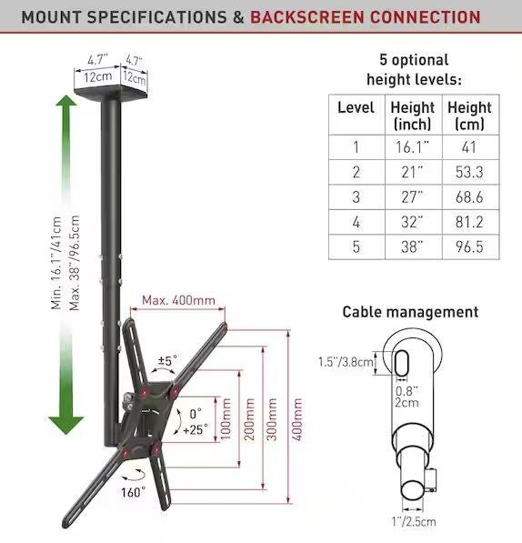 Barkan Mounts Schwaarz Plafongsbeugel 29 - 65 inch |Héichtverstellbar |Dréi- a kippbar |VESA 400x400