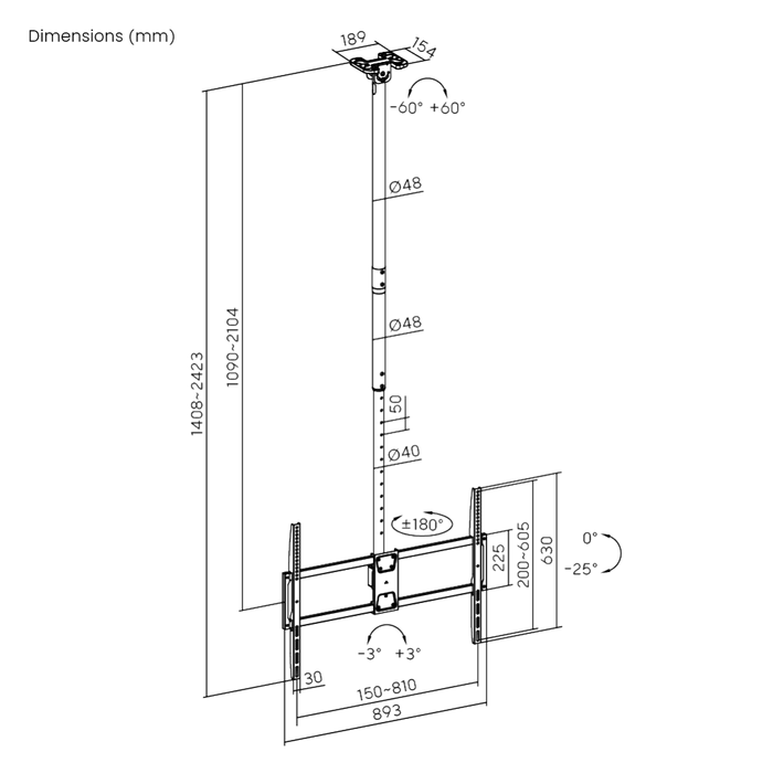 Wolff Mount Plafongsbügel 50-100 inch – Super stabil, dréi- a verstellbar